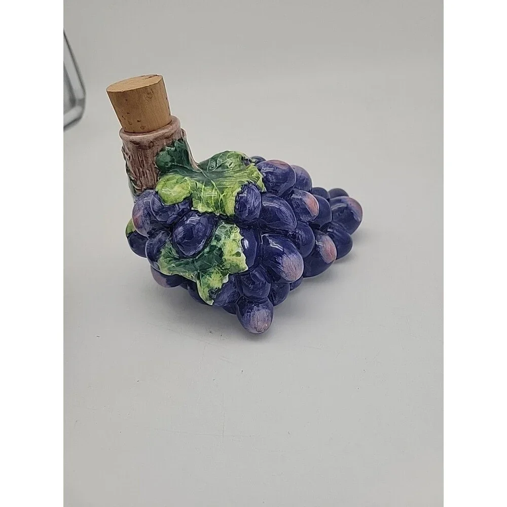 Mid Century Vintage Hand Painted Ceramic Grape Cluster Cork Wine Decanters Italy